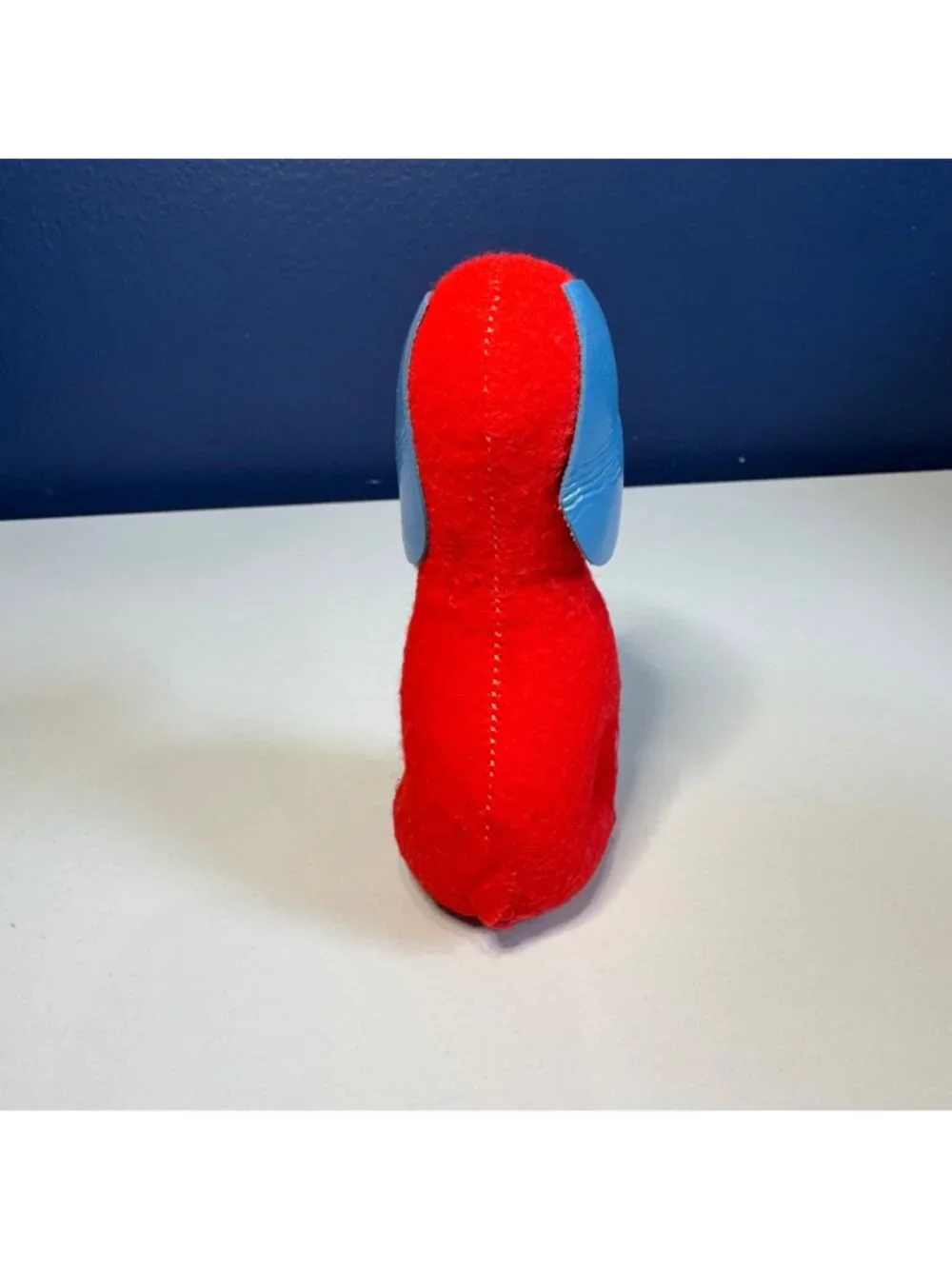 Vintage Red & Blue Felt Dog Plush Toy With Stitched Details And Blue Vinyl Ears